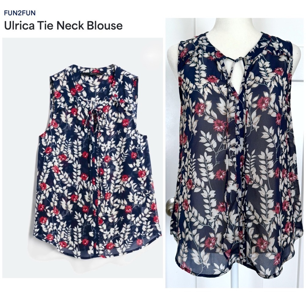 Fun2Fun Ulrica Tie Neck Floral Blouse – Navy, Red & Cream – XS